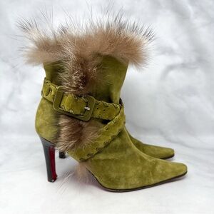 Christian Louboutin Vintage Fox Fur Trim Suede Ankle Boot Booties Retro Green 37
